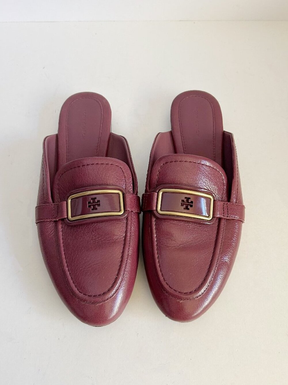 Tory Burch Burgundy Leather Logo-Buckle Mules